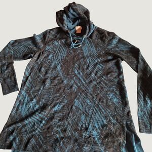 Chicos Zenergy Womens Teal Black Abstract Print Hooded Sweater Top Size 0 S
